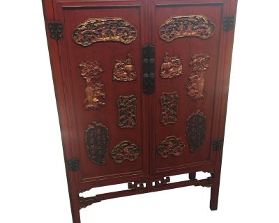 Antique Carved Asian Red Lacquer & Gold Cabinet