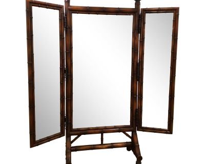 Vintage Theodore Alexander Asian Mahogany Standing Trifold Cheval Wall Mirror