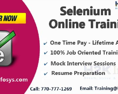 	We master you on Selenium Architecture & Components, IDE Concepts, WebDriver, Java & JUNIT. 
	Live-interactive online classes on real-time projects.
	Pay for once and get a life-time access to course. 
	Mock interviews, group discussions.
	 placement & resume writing guidance.

 Enroll Today!
http://www.h2kinfosys.com/courses/selenium-webdriver-junit-training-course
Call : 770-777-1269 / ...