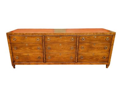Mid-Century Hollywood Regency Mastercraft Furniture 9-Drawer Long Dresser With Burl Trim