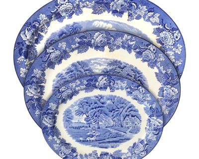 Mid 20th Century English Blue & White Platters- Set of 3