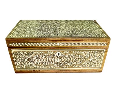 1990s Indian Mughal Teak Wood Dowry Jewelry Box White Inlay Anglo India Lock Key Vintage
