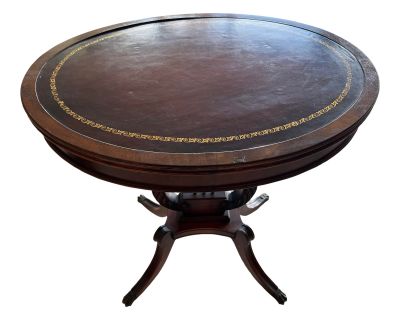 Mid 20th Century Vintage Mahogany Center Table With Stenciled Leather
