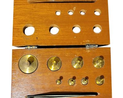 Antique Set of Brass Jewelers Weights in Wooden Case
