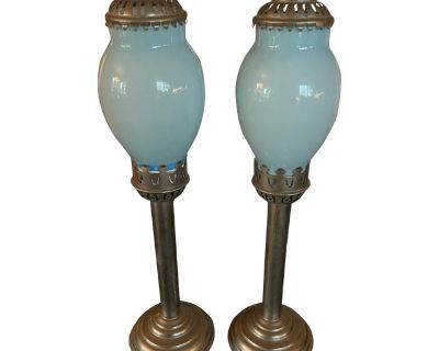 Antique Art Nouveau Blue Bristol Cased Glass Church Candle Holders - a Pair