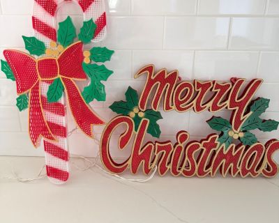 2 Kitschy Christmas Vintage Molded Plastic Lighted Candy Cane Red White Stripe with Bow & Merry Christmas with Green Holly . MESSAGE to arrange pick up time.