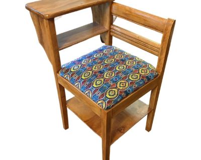 A vintage 1950 s telephone table/chair or gossip bench, with original colorful upholstered seat.. Dimensions 22 W 16 D 29 H Styles Mid-Century Modern Traditional Table Shape Rectangle Period 1950s Country of Origin United States Item Type Vintage, Antique or Pre-owned Shop Sustainably with Chairish Materials Wood Condition Good Condition, Original Condition Unaltered, Some Imperfections Color B...