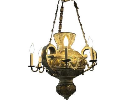 Antique Gothic Revival Sanctuary Lamp 6-Light Chandelier With Brass Medallions