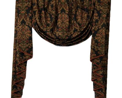 traditional elegance to your space with this custom-made swag window treatment, crafted in 2002 and designed to fit a small 24-inch window perfect for bathrooms, kitchens, or laundry rooms. The rich dark blue fabric is adorned with a sophisticated paisley pattern in deep red, gold, and green tones, offering a classic yet vibrant aesthetic. A subtle pink binding trim edges the fabric, adding a s...
