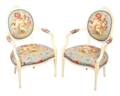 French Louis XVI Style Pair of Painted Fauteuil Armchairs