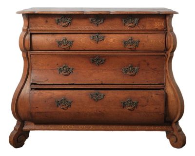 Antique 19th Century Dutch Bombe Oak Chest of Drawers With Ornate Brass Hardware