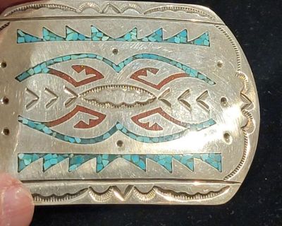 Sterling Silver Belt Buckle with inlaid turquoise and Coral.