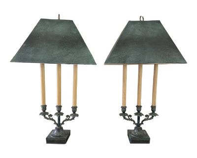 Vintage Late 20th Century Victorian Style Candelabra Green and Gold Brass Lamps - a Pair With Shades