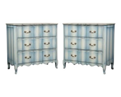 Mid-Century French Louis XV Style Chests / Commodes W/ Custom Blue Paint - Pair