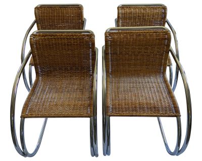 Mid 20th Century Mr20 Chrome and Rattan Arm Chair Attributed to Mies Van Der Rohe - Set of 4