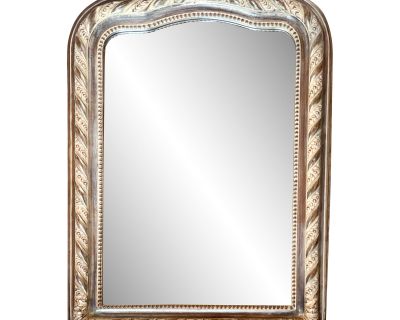 Faux Giltwood Wall Mirror With Decorative Scroll and Bead Border and Curved Top