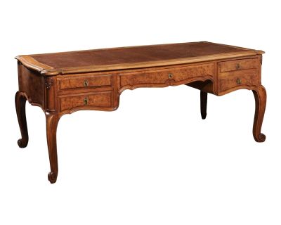 French Louis XV Style 19th Century Burr Walnut and Leather Top Four-Drawer Desk