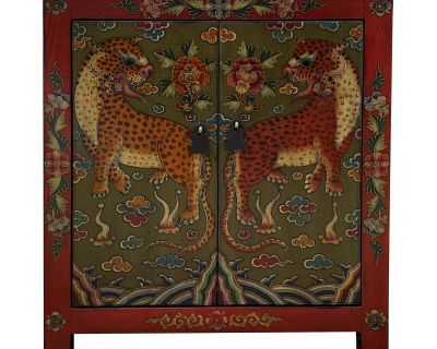 Tibetan Oriental Brick Red Double Jaguars End Table Nightstand