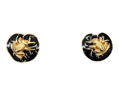 Vintage Signed Mimi Di N Goldtone Black Enamel Frog Clip Earrings- 2 Pieces