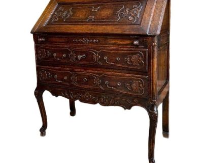 Antique French Carved Oak Secretary Desk Bureau Drop Front Louis XV C1920