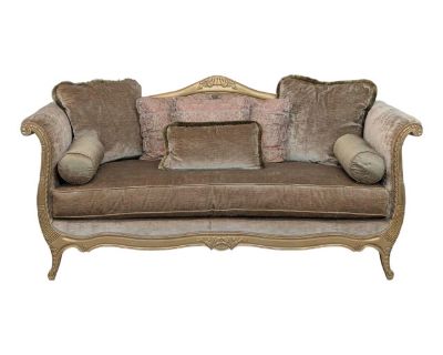 Features wood frame with carved detailing, velvet upholstery and decorative accent pillows. Brand: Drexel Heritage. Dimensions (in): 89W x 40D x 44H.. Dimensions 89 W 40 D 44 H Styles Rococo Seat Height 21.5 in Number of Seats 3 Brand Drexel Heritage Period 2010s Country of Origin United States Item Type Vintage, Antique or Pre-owned Shop Sustainably with Chairish Materials Upholstery Wood Cond...