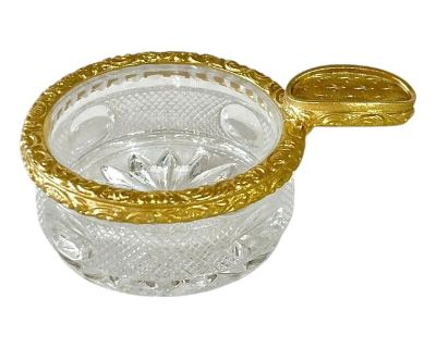 Vintage French Cut Glass and Brass Fleur De Lis Personal Size Ashtray Dish