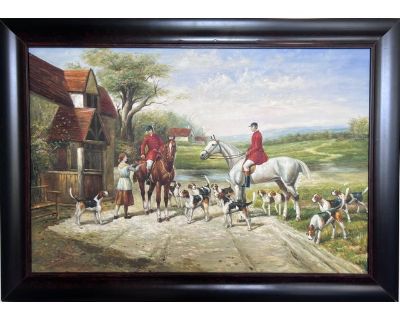 English Fox Hunting Scene Horse Hounds Large VTG Oil Painting Signed, Framed