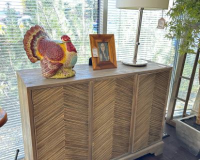 Rustic 3 Door Cabinet W/Push Open Doors, Thin Wood Chevron Pattern Front