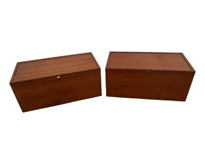 Gorgeous Rare Vintage Set of two locking Mid Century Record Cabinets by Strings Wall Shelving, Designers Nils and Kajsa, 13.5" Tall x 31" wide x 16" deep. Very Good structural condition, Original Patina, High End craftsman construction, Age/use related surface wear marks light scratches and blemishes, small nicks, No structural Damage, All joints tight and strong, Doors open as should. You will...