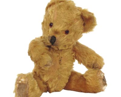 Vintage 1930's Golden Color Mohair Jointed Teddy Bear Toy Plush Excelsior Wood Wool Stuffed Animal, Made in England