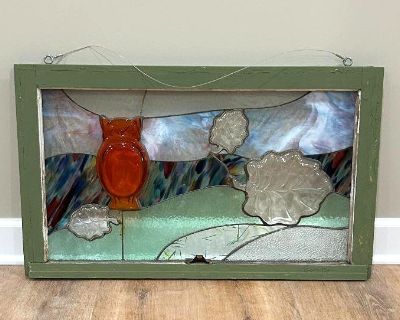 VINTAGE STAINED GLASS ART - 19" x 32" x 1 1/2" - BASEMENT WINDOW - UNIQUE!