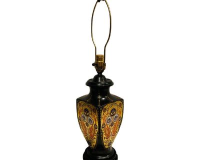 This is an amazing, one of a kind vintage table lamp. We have never seen another one like it. The body is a four sided 1920s Satsuma Porcelain Vase. The decor is extremely detailed and extravagant. Black matte base covered with spectacular hand painted design. Sports a traditional carved Asian wood base. The lamp has been professionally rewired but retains vintage elements. Harp and finial incl...