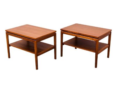 Rare pair of 1960s floating top teak side tables by Ole Wanscher, made in Denmark by France & Son. Similar to an iconic line of coffee and side tables by Peter Hvitd & Orla Molgaard-Nielsen, Wanscher used brass bushings to create separation between the supported and supporting elements perhaps inspired by Finn Juhl's use of this technique in his seating designs. Features a second tier below the...