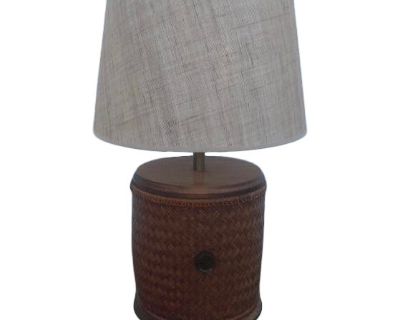 1970s Column Rattan Table Lamp With Pottery Barn Linen Shade