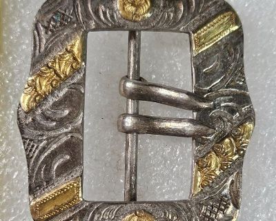 Antique 900 Silver BELT BUCKLE w/Gold Accents