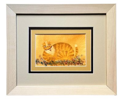 Mid 20th Century Vintage Folk Art Watercolor of a Cat, Framed