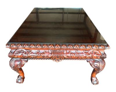 1990s Oversize Solid Mahogany Coffee Table With Intricate Carving