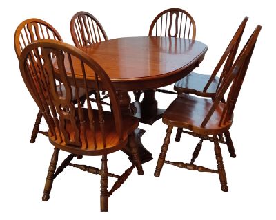 1990s Mid-Century Solid Oak Table and Six Chairs - Set of 7