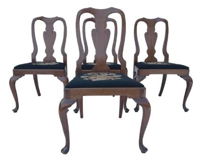 Vintage Henkel Harris Musical Instrument Needlepoint Seat Queen Anne Solid Wood Dining Chairs S/4