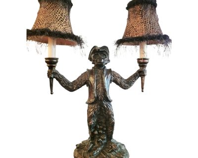 Vintage Double Arm Regency Monkey Whimsical Table Lamp W/Leopard Shades