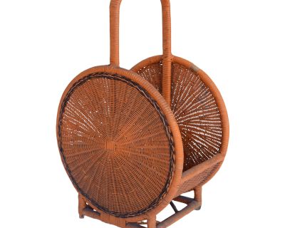 Vintage Mid-Century Boho Orange Bamboo & Wicker Basket With Handle