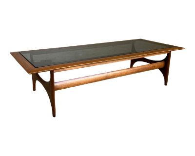 Mid Century Modern Lane Sculpted Walnut and Smoked Glass Top Coffee Table