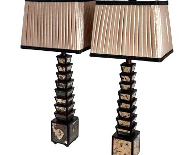Pair of Deco Stacked Wood and Mirror Table Lamps, Early 20th Century