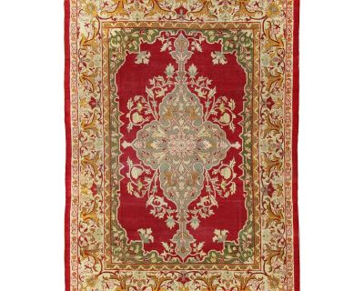 Early 20th Century Indian Agra Antique Rug With Center Medallion in Green Red and Gold Colors