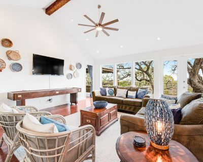 Avg / night: $464. Natural cliffside oasis with impressive views, gas fireplace | Located in Spicewood, TX | 4.69 Stars | 4 Bed, 3 Bath | No Pets. No pets. Max 12 guests. Perch on the expansive 1,200 square foot deck shaded by mature oak trees and take in expansive Hill Country views at this four-bedroom cliffside house on the banks of the Pedernales River arm of Lake Travis. Your single-story ...