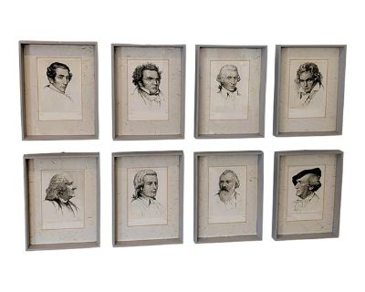 Eight (8) framed drypoint etchings of classical composers by Wilhelm Pech (1876-1965). Composers depicted include: Top row L to R: Carl Maria von Weber, Franz Schubert, Joseph Haydn, Ludwig von Beethoven Bottom row L to R: Franz Liszt, Wolfgang Amadeus Mozart, Johannes Brahms, Richard Wagner They are in identical frames measuring 11.125" x 14.75" (the matte is 6.5" x 9.5"). All are titled and s...