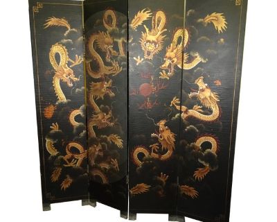 Vintage Oriental Asian Black & Gold Four Panel Screen Room Divider ~ Dragons Gorgeous Screen in Great Vintage Condition. Solid and Firm. Wear is usual for its age. Please study the photos and ask questions. Overall a Gorgeous Screen that you will love having in your home! Measurements: 72" High x 64" x .75" Please keep in mind that this is a Vintage Piece and has its normal signs of wear. This ...