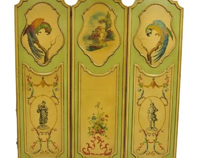 Antique French Louis XV Green Painted Parrot 3 Panel Venetian Room Screen (C)