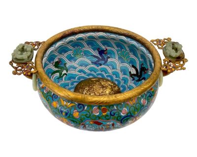 Chinese Imperial Honorific Cloisonné Bowl Carved Jade Medallion & Ring Handles