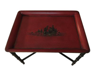 Vintage Chinoiserie Red Rectangular Tole Tray Table